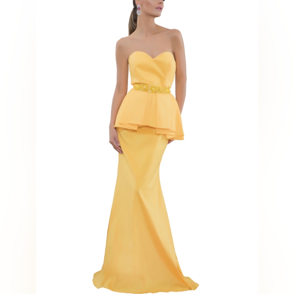 $850 BADGLEY MISCHKA YELLOW PEPLUM LONG EVENING GOWN US 4
